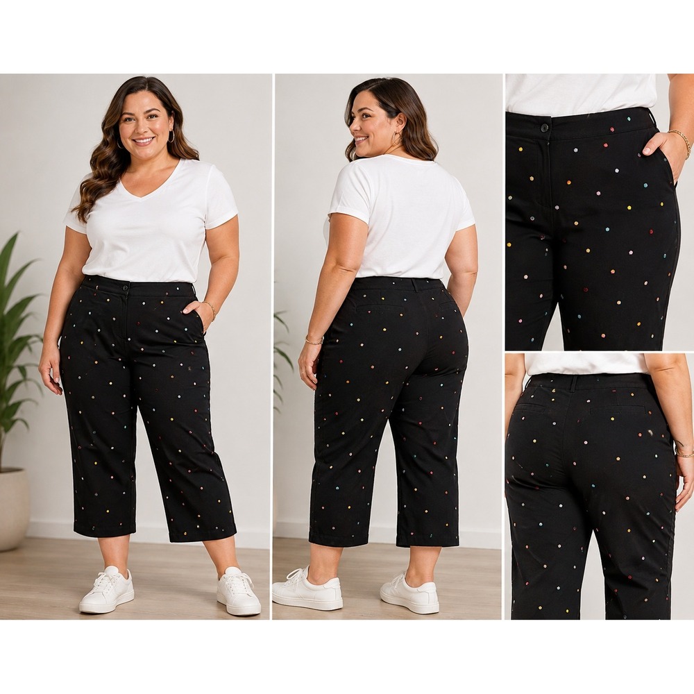 Dressbarn Woman Black Rainbow Polka Dot Embroidered Crop Pants 22W Plus Size